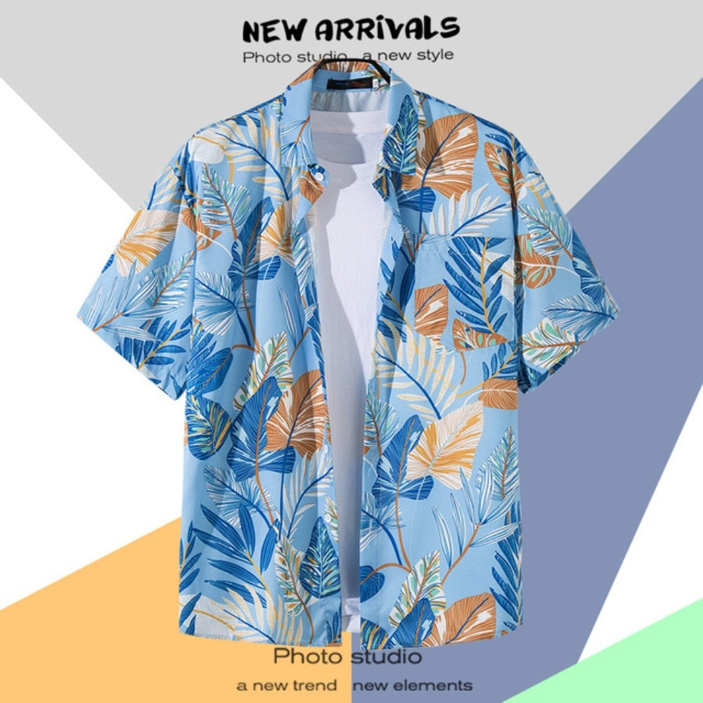 Hawaiian Men's Floral Shirt Summer Geometric Print Short Sleeved