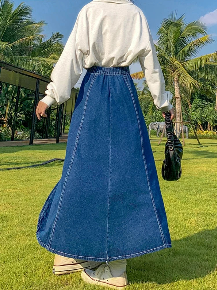 Maxi Long Skirts Women Casual High Waisted Jean Skirt