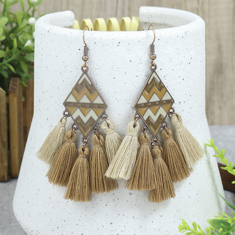 Bohemian Ethnic Brown Tassel Natural Wooden Hanging Earrings