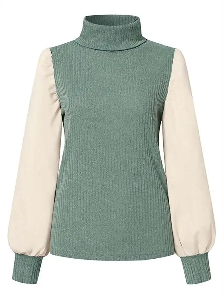 Turtleneck Knitted Sweaters Color Block Women Fashion Pullover Tops