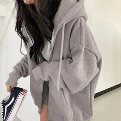 Zip Up Hoodie Retro Long Sleeve Oversized Solid Color