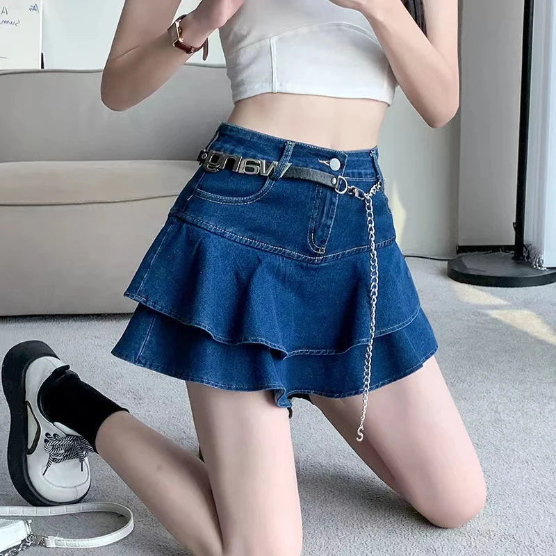 Vintage Denim Mini Skirts Women Solid Casual Pocket