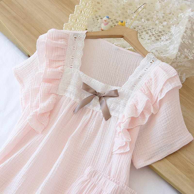 short-sleeved shorts ladies pajamas set cotton crepe solid color f