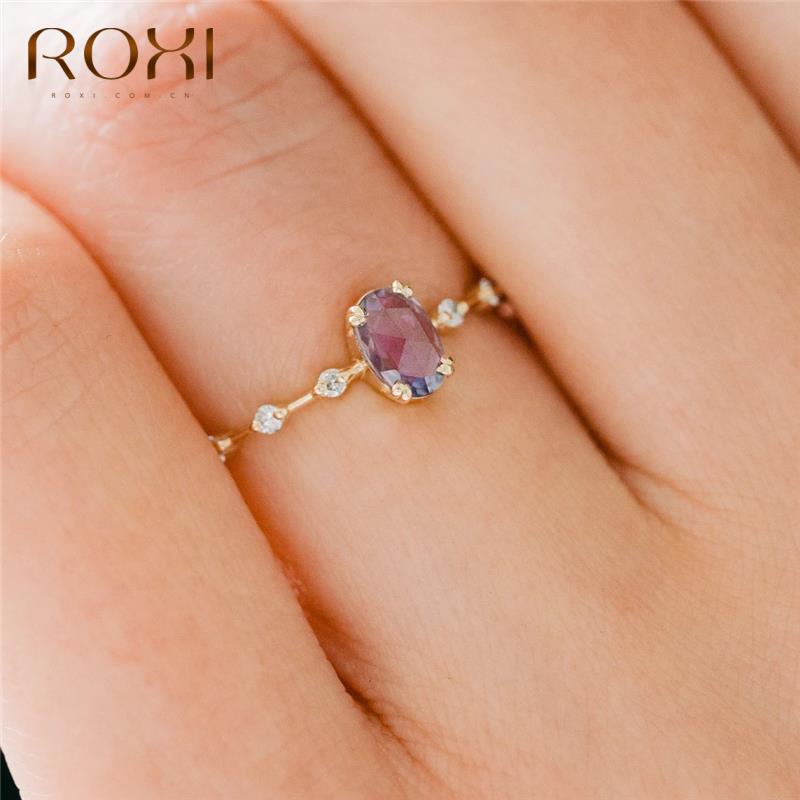 Simple Egg Shape Purple Crystal Gold Rings