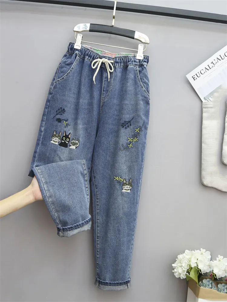 Fashion Style Cartoon Embroidery Baggy Elastic Waist High Waist