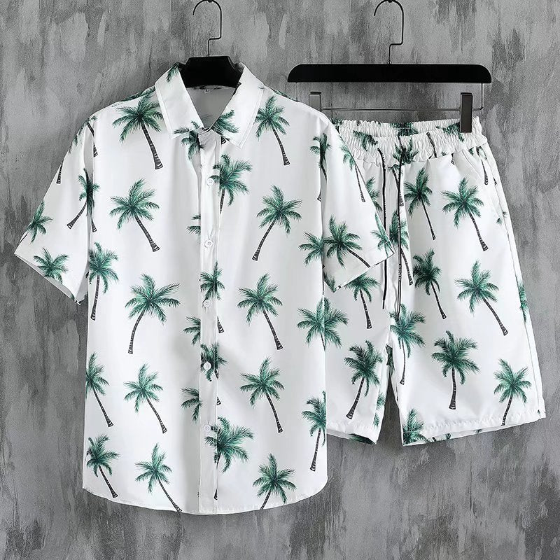 Men Sets Print Patchwork Lapel Short Sleeve Casual Shirt Beach