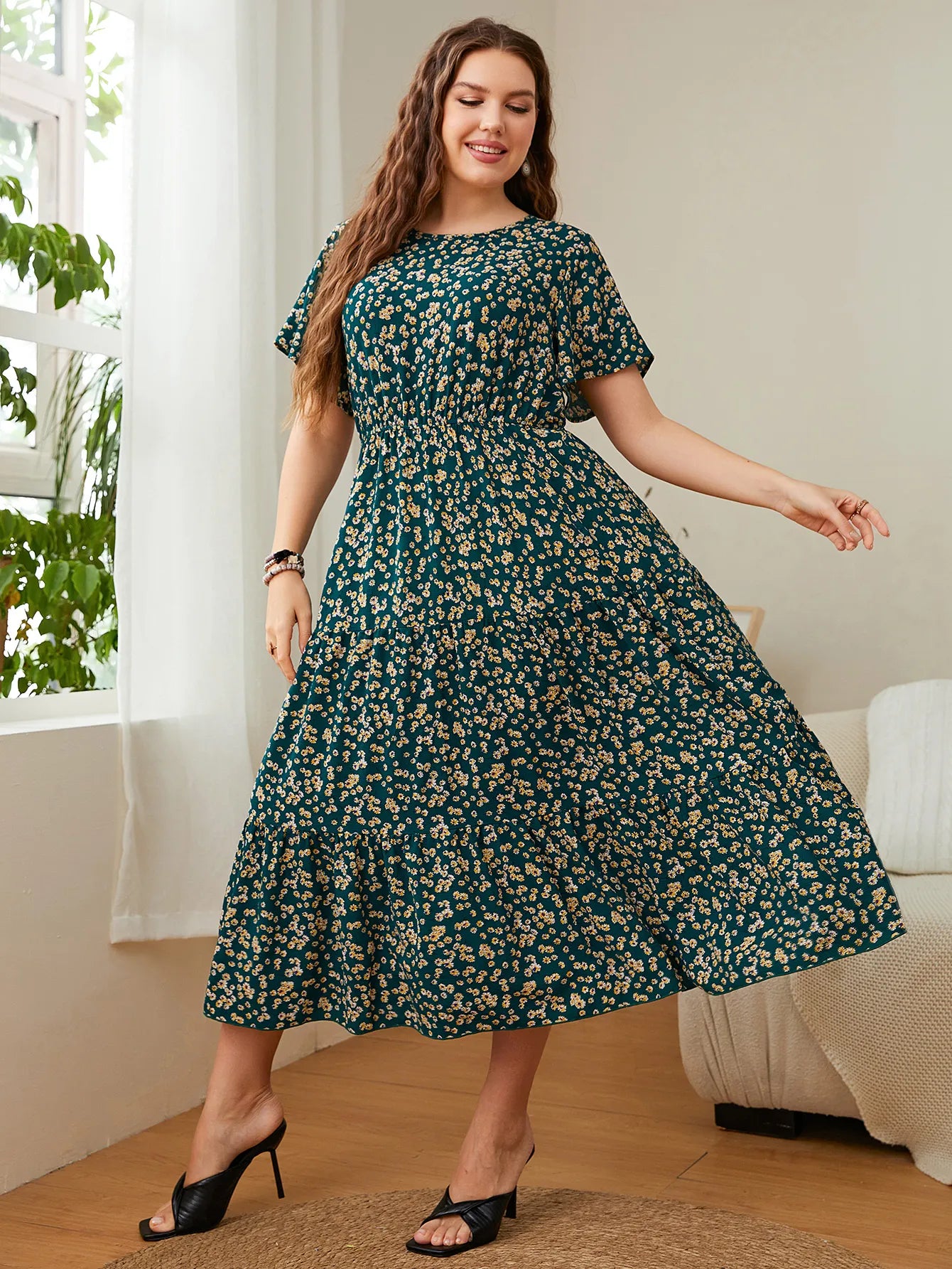 Fashion Big Size Women's Clothing Dress O-Neck Floral