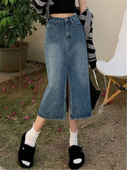 Front Split Women's Long Denim Skirt Vintage High Waist Jeans