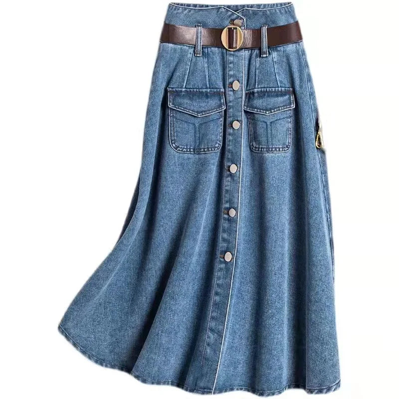 Style Women's Fashion Single-Breasted Belt Denim Skirt