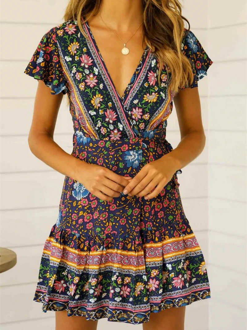 Hippie Floral Print V-neck Bohemian Mini Dress