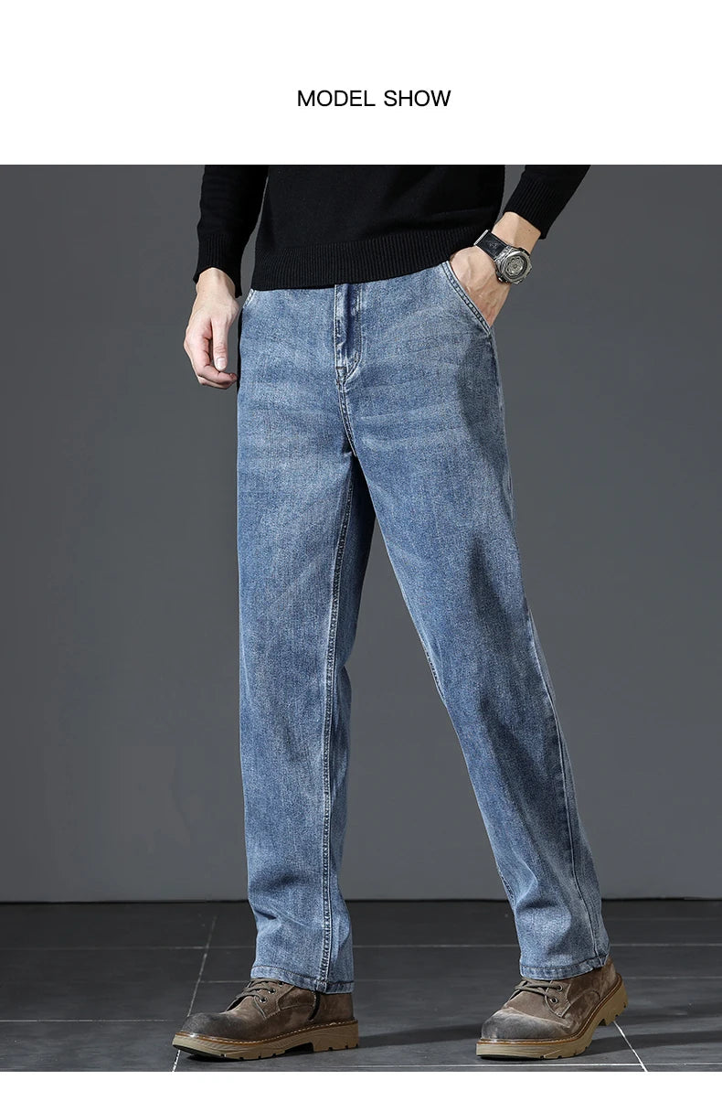 Men's Thick Straight-leg Lyocell Fabric Jeans Retro Denim Pants Classic