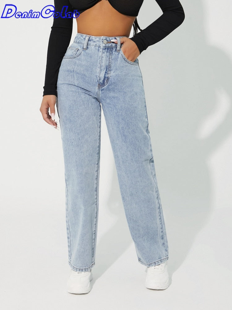 High Waist Straight Leg Jeans Simple Style Casual Cotton Denim Pants