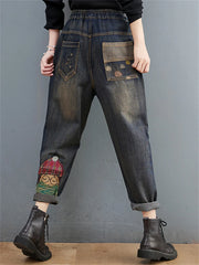 Embroidery Denim Pants For Women Trendy Hole Casual High Waist