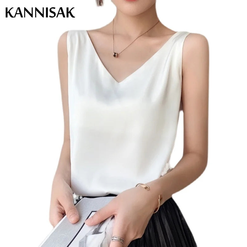 Summer Tank Tops Women Silk V-neck Ladies Camis Solid