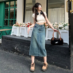 Fashion Y2K Denim Skirt Vintage Patchwork Split Slim A-line