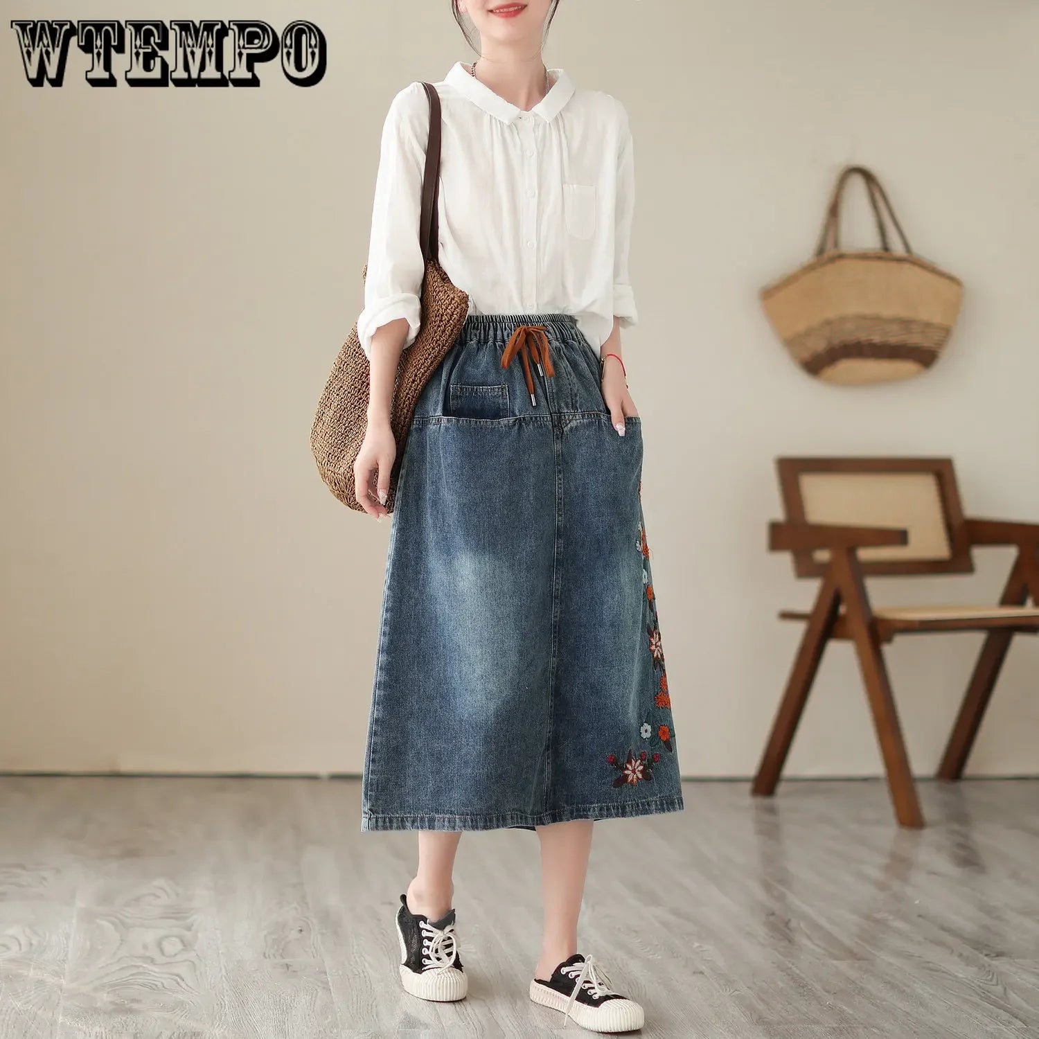 Retro Embroidered Denim Skirt Oversized High Waisted A-line