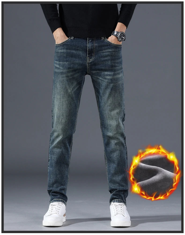 Men's Fleece Slim Straight Jeans Retro Washed Elastic Denim Pants