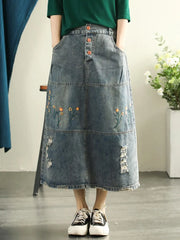 Denim Skirts Style Washed Hole Bleached Embroidery Floral