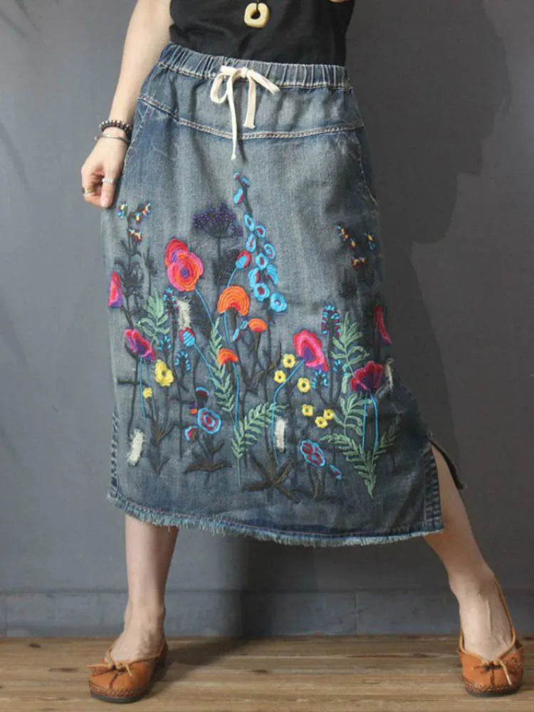 Design Female Clothes Vintage Loose Embroidery Denim Skirts