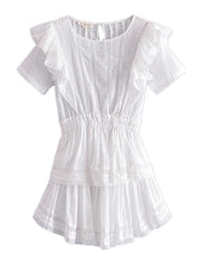 Hollow Out Hole Spiced Lace Ruffles Hem Short Sleeve Swing Dress