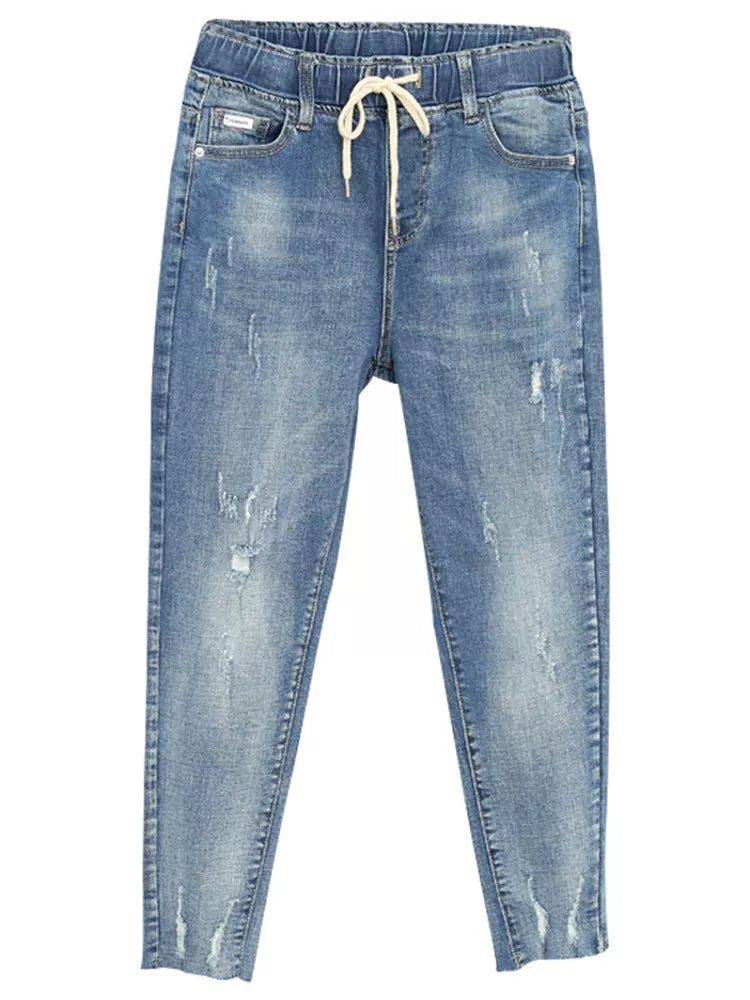 Baggy Elastic Waist Jeans Style Ripped Pants