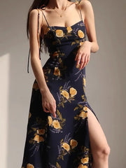 Retro French Style Navy Flower Print Adjust Spaghetti Strap Dress