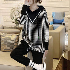 Style Vintage Striped Patchwork Hoodies Loose Casual