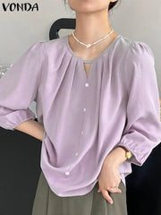 Shirts Blouse Solid Color Tops Buttons Hollow Out