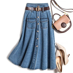 Style Women's Fashion Single-Breasted Belt Denim Skirt