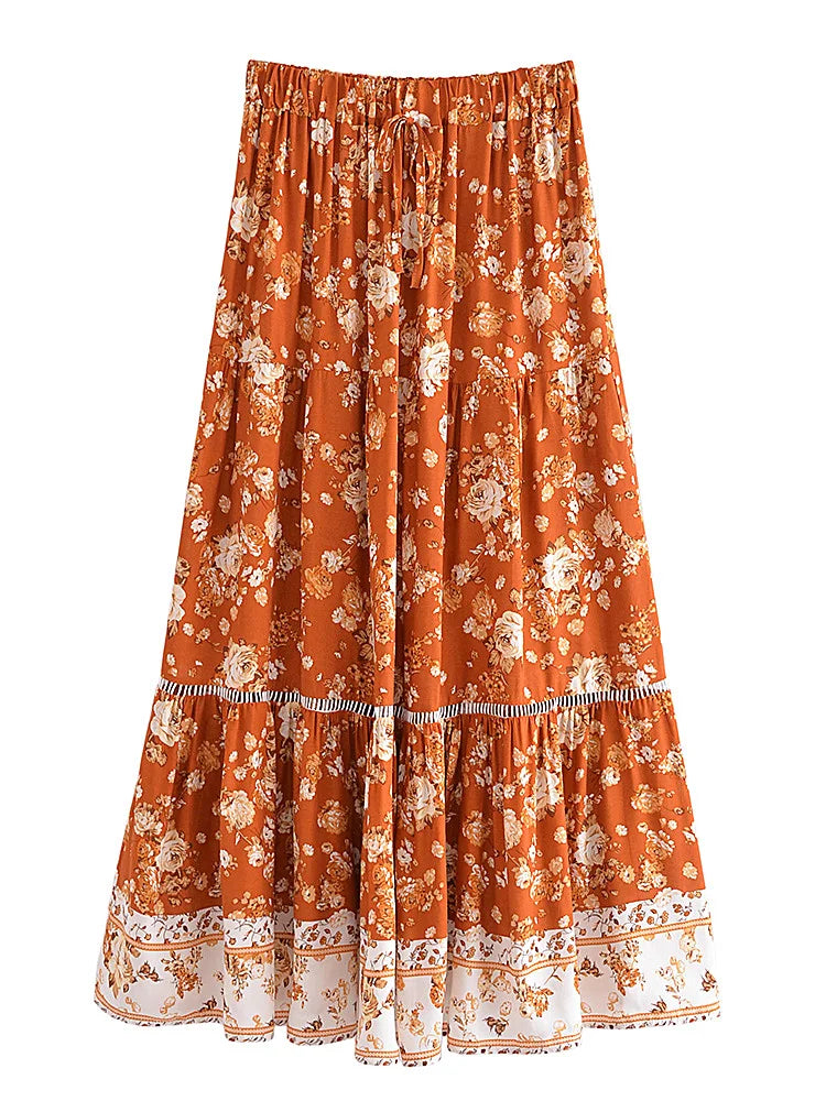 Elastic Waist Pleated Boho Skirt Rayon Bohemian A-line