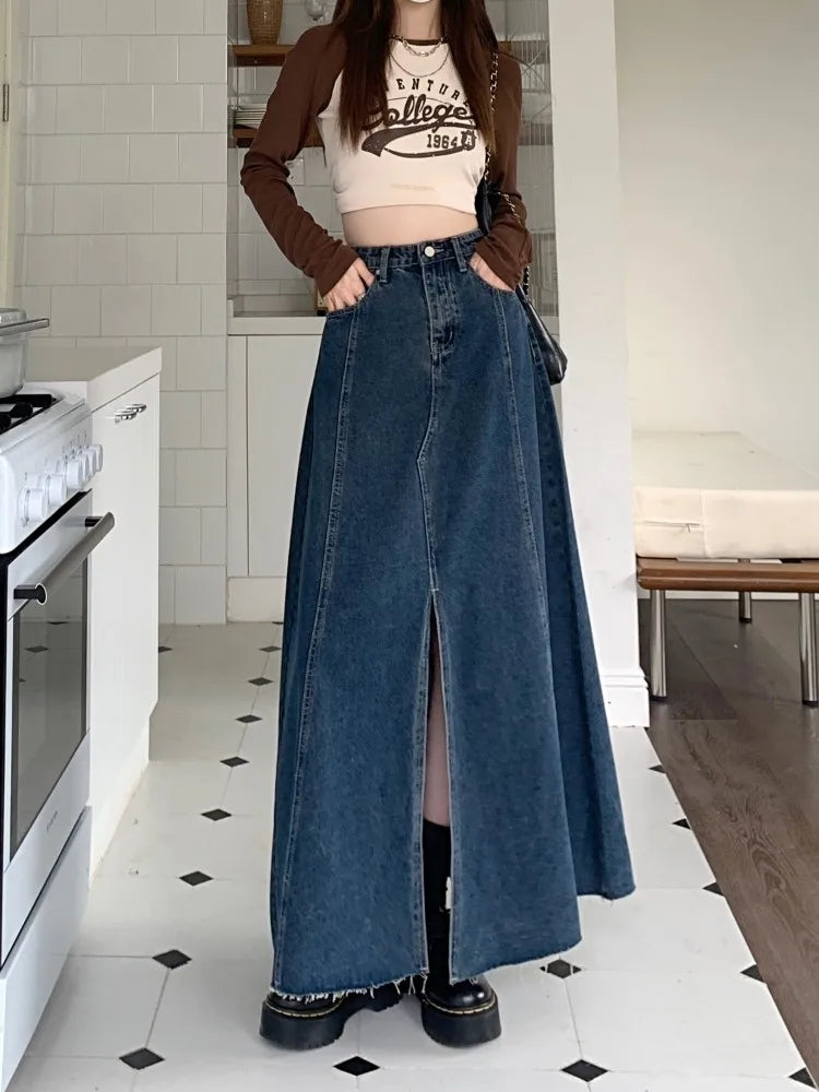 Vintage Blue A-line Split Hem Denim Long Loose High Waist