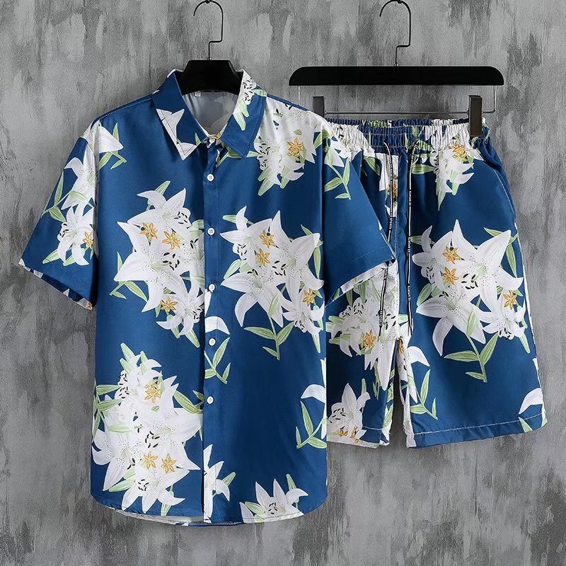 Men Sets Print Patchwork Lapel Short Sleeve Casual Shirt Beach