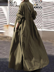 Solid Shirt Dress Long Sleeve Maxi Lapel Button Pockets