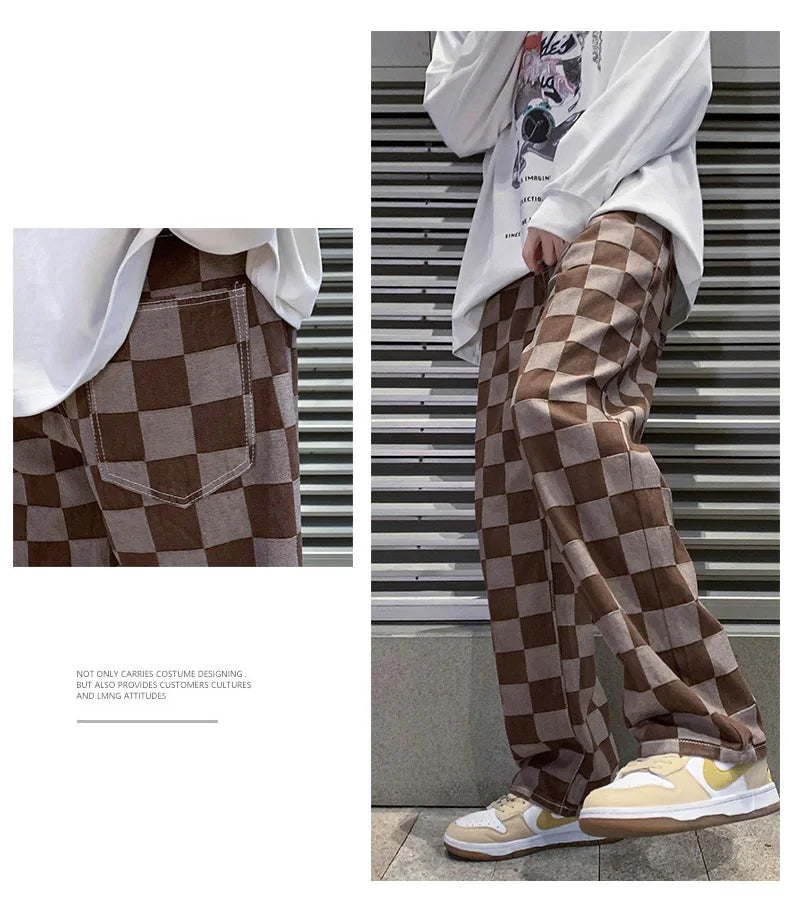 Men's Brown Check Print Baggy Jeans Fashion Streetwear