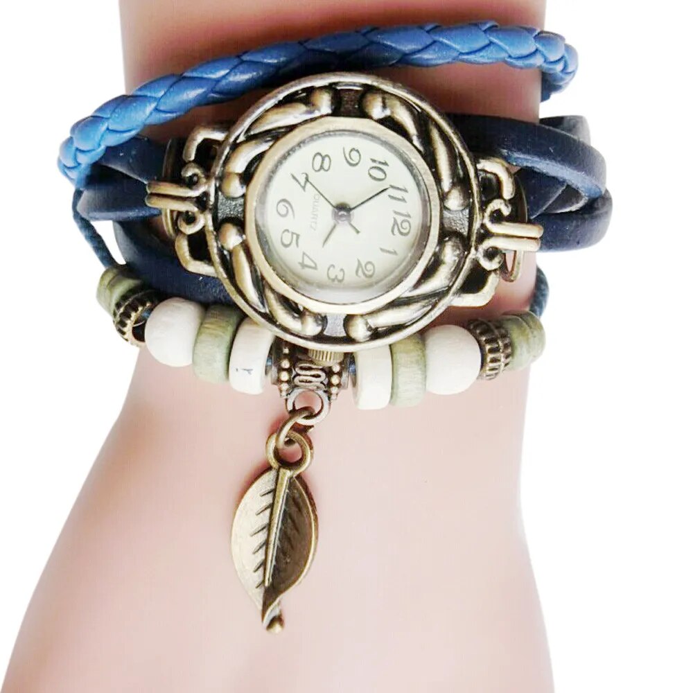 Fashion Women Watches Retro Leather Winding Bracelet Leaf