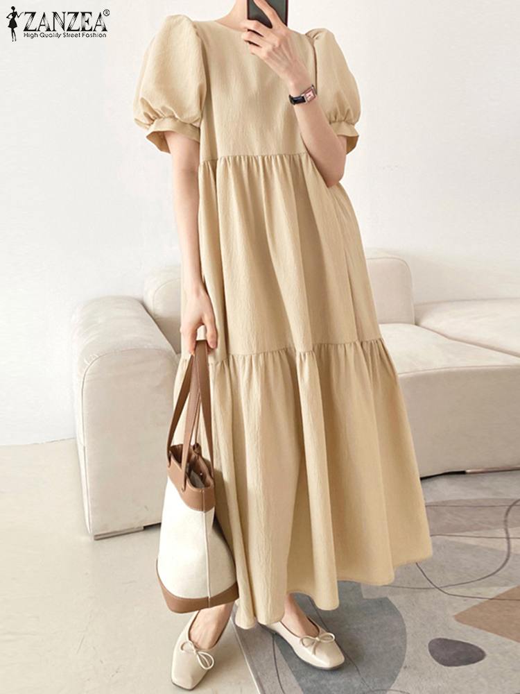 Woman Casual Tiered Dress Puff Short Sleeve Solid Color