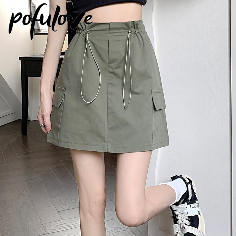 Streetwear Skirt for Women Casual Solid Color Drawstring