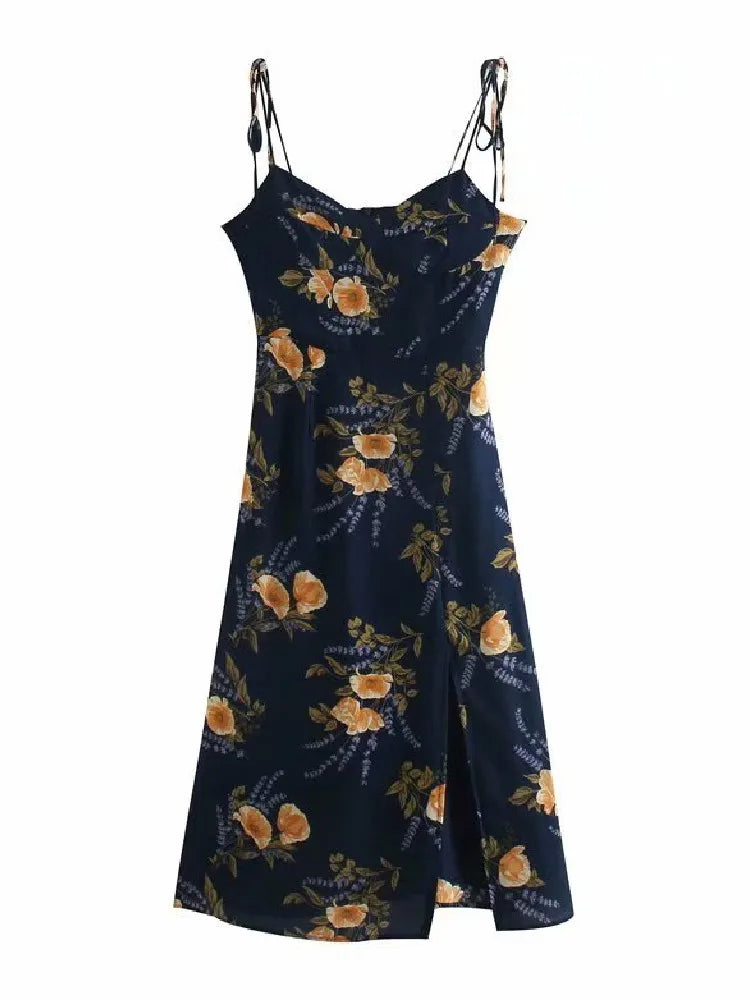 Retro French Style Navy Flower Print Adjust Spaghetti Strap Dress