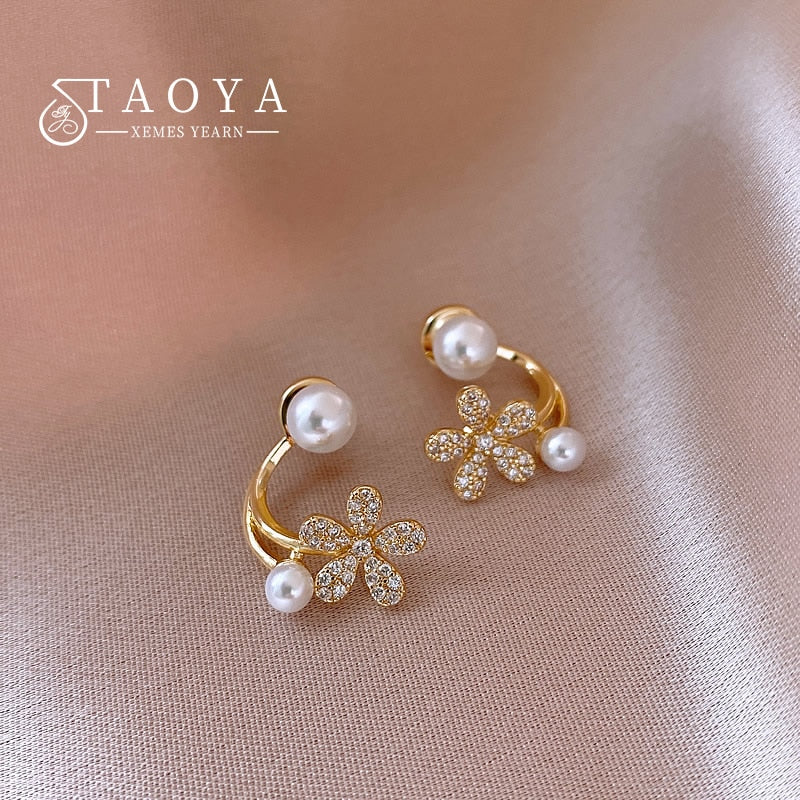 Micro Inlaid Zircon Pearl Flower Earrings