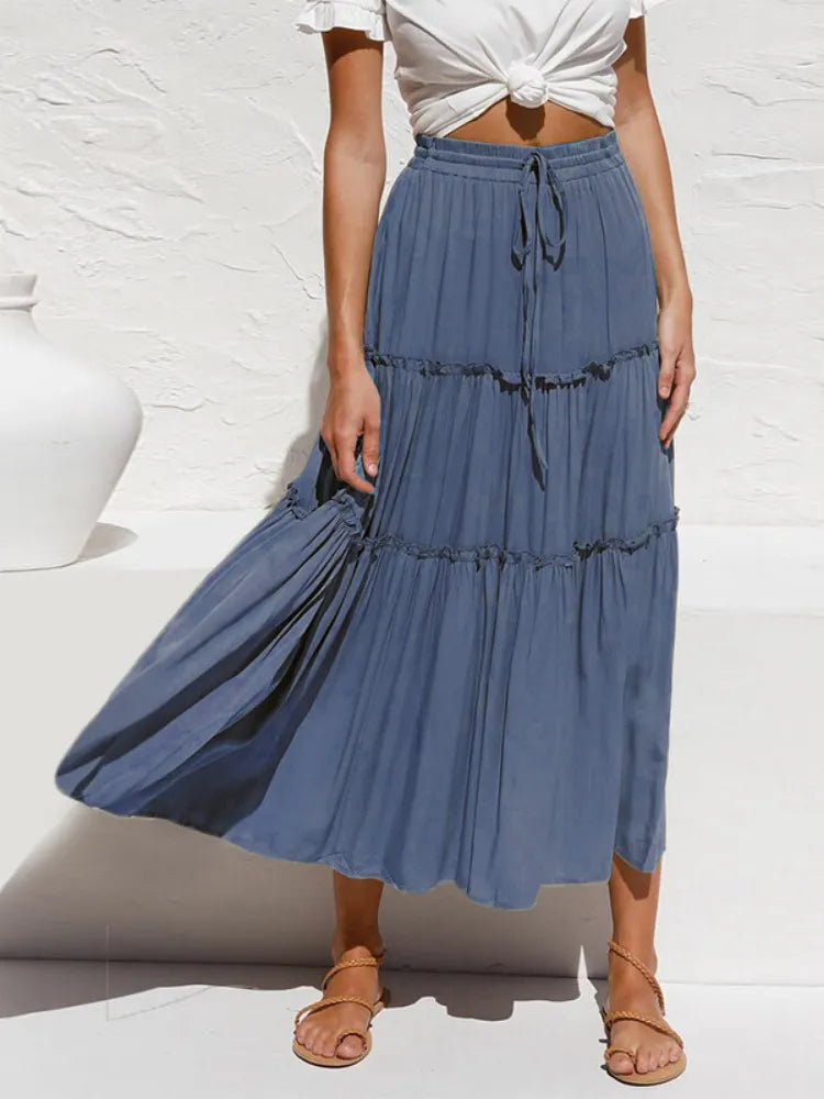 Bohemian Pleated Elastic Waist  A-Line Boho Maxi Skirts