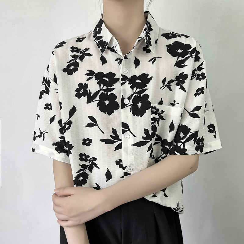 Casual Floral Shirts Men Loose Turn Down Collar Short