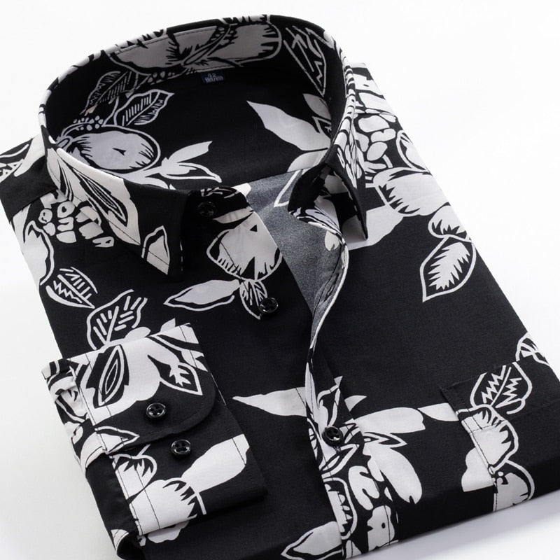 Large Size Flower Print Men's Fashion Casual Long Sleeve Shirt