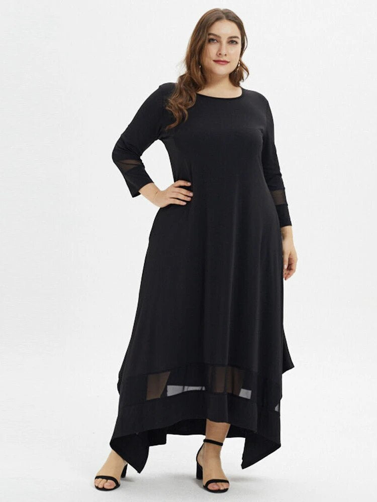 seven-point sleeve mesh crewneck plus size dresses