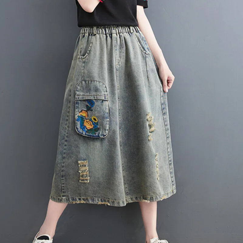 Denim Embroidery Floral Vintage High Waist Skirts