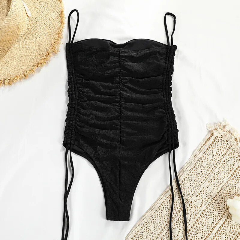 Fashion Drawstring One-Piece Swimsuit Solid Pleated