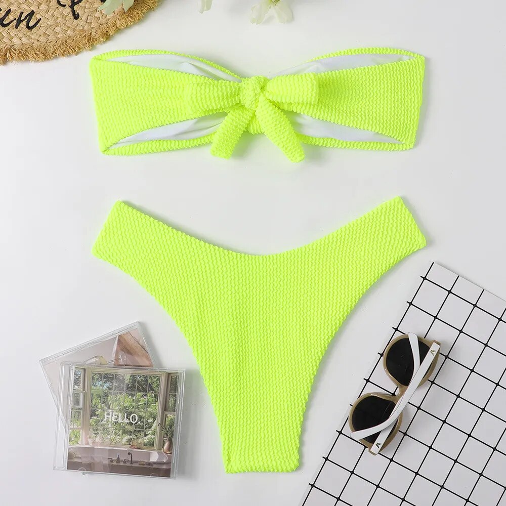 Wrinkled Special Fabric Bikini Candy Color Strapless Split Swimsuit