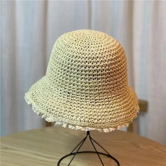 Women's Summer Hat Foldable Hollow Lace Trim Straw