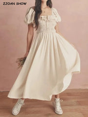 Retro style Beige Spliced Ruffle Square Collar Maxi Long Swing Dress