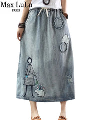 Fashion Streetwear Classic Embroidery Loose Denim Skirts