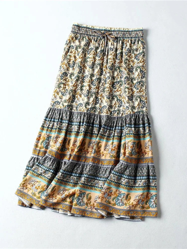 Vintage Chic Hippie Floral Peacock Printed High Waist Skirts